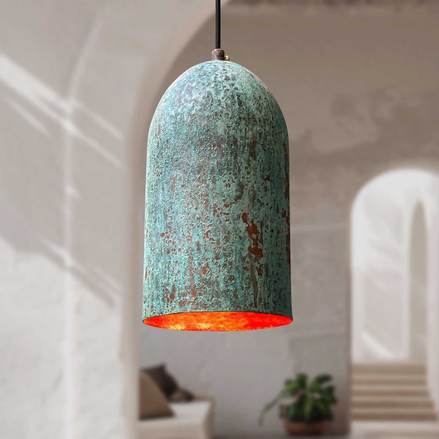 3 Handmade Oxidized Copper Pendant Lights – Green Patina Farmhouse Verdigris Ceiling Fixtures