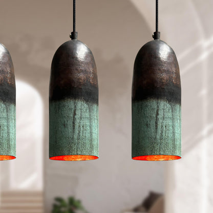 Set of 3 Oxidized Copper Pendant Lights – Green Patina Farmhouse Kitchen Island Lighting