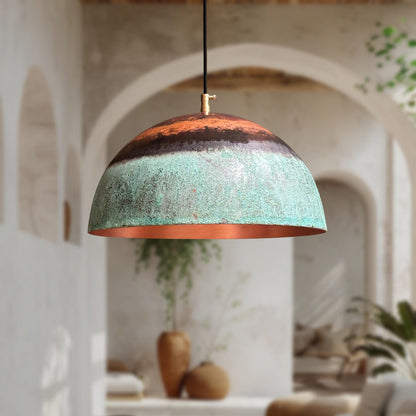 Green Patina Copper Pendant Light – Oxidized Round Rustic Farmhouse Kitchen Fixture