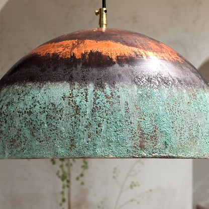 Green Patina Copper Pendant Light – Oxidized Round Rustic Farmhouse Kitchen Fixture