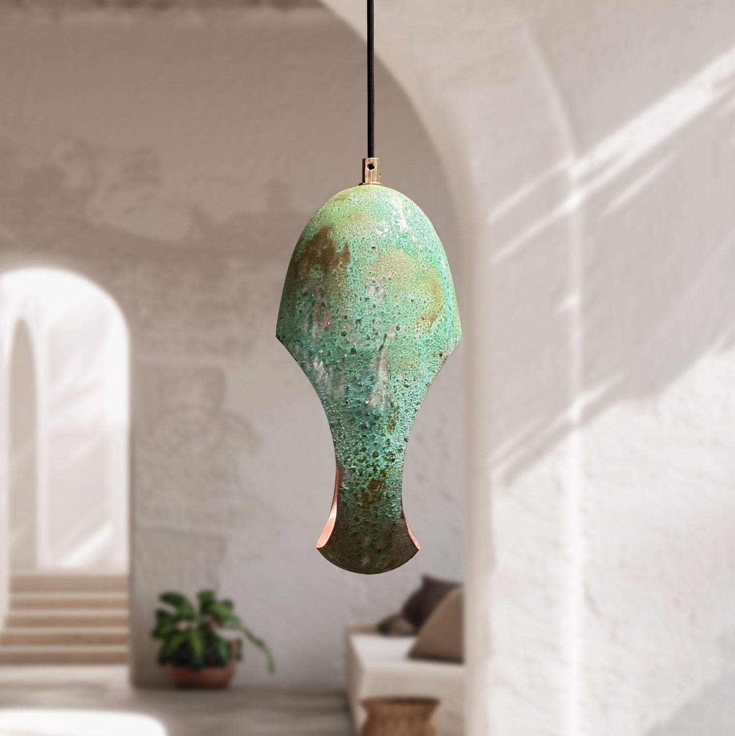 Handmade Green Patina Farmhouse Light – Oval Copper Pendant