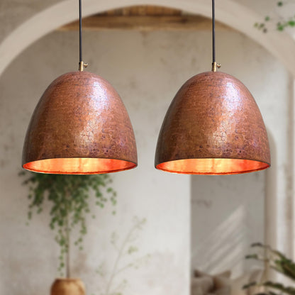 Set of 2 Handmade Copper Pendant Lights – Oxidized Hammered Dome Kitchen Fixtures