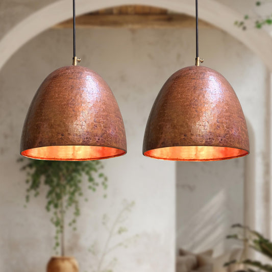 Set of 2 Handmade Copper Pendant Lights – Oxidized Hammered Dome Kitchen Fixtures