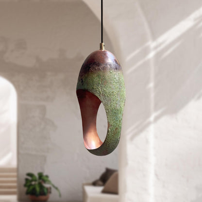 Set of 2 Handcrafted Green Patina Oval Copper Pendant Lights