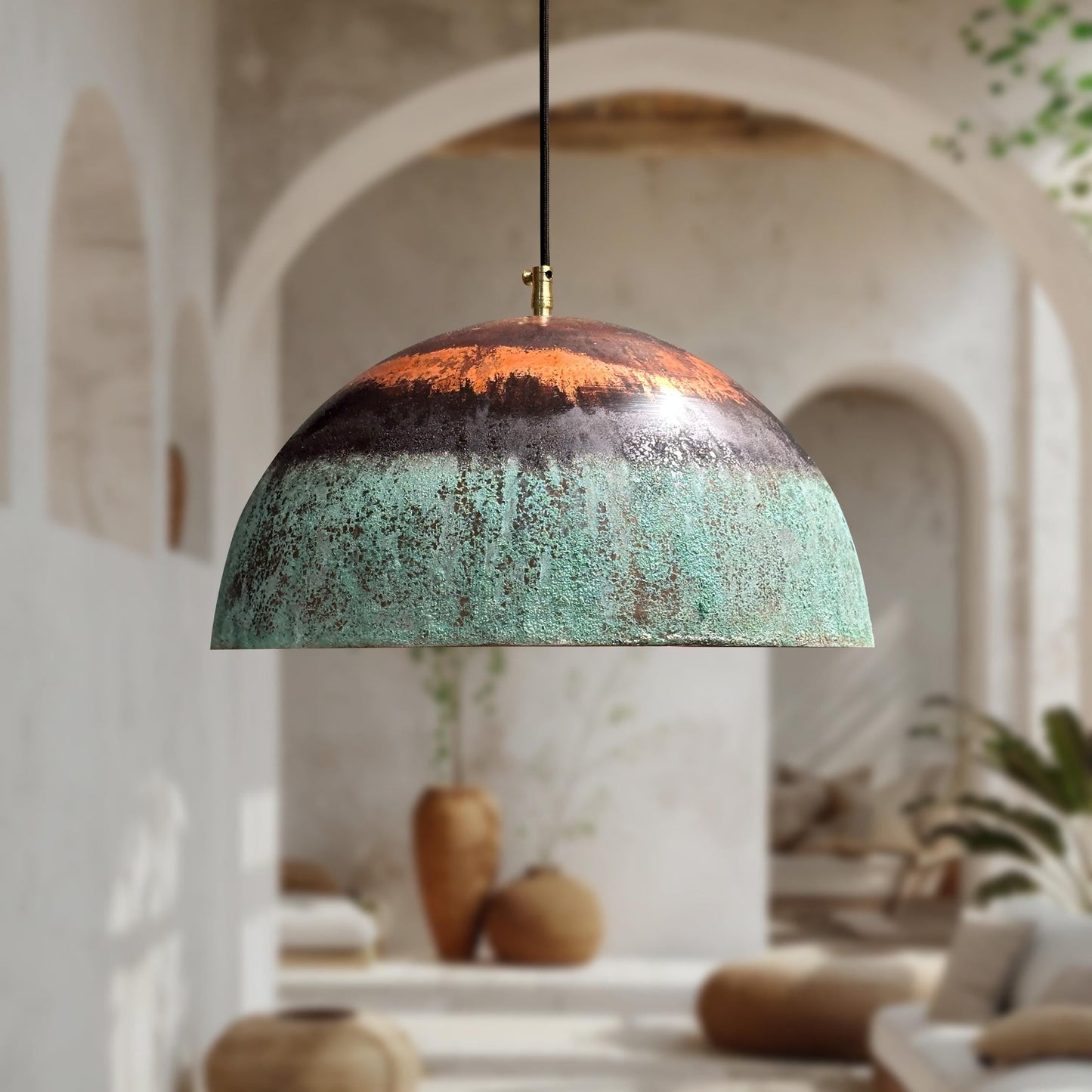 Green Patina Copper Pendant Light – Oxidized Round Rustic Farmhouse Kitchen Fixture
