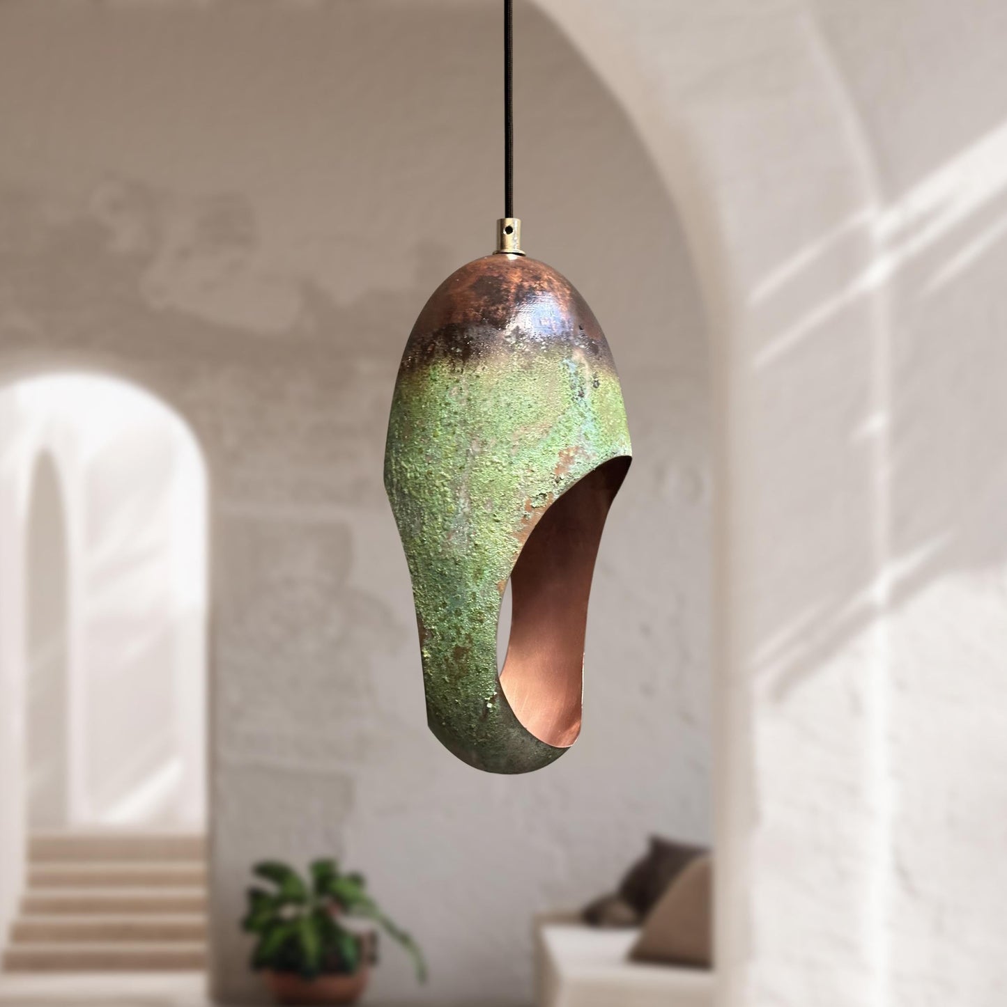 Oval Copper Pendant Light – Green Patina Oxidized Farmhouse Fixture