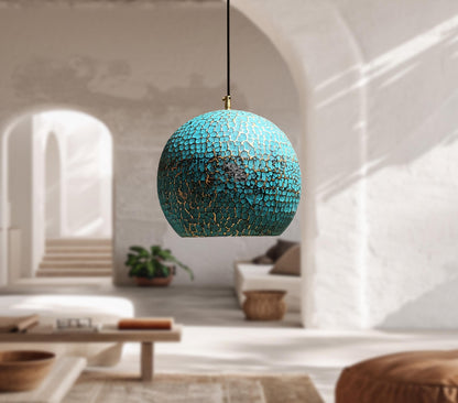 Set of 3 Blue Patina Brass Pendant Lights – Oxidized Dome Kitchen Fixtures