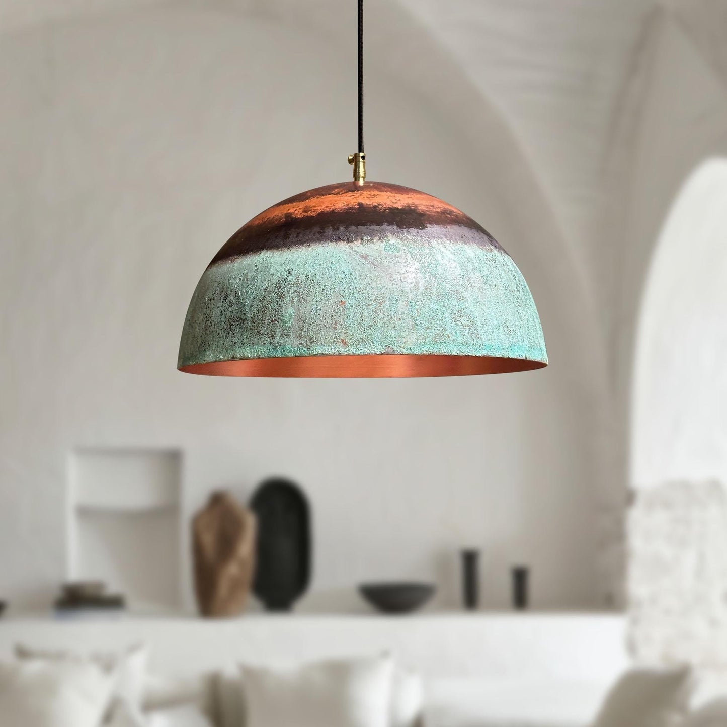 Set of 2 Green Patina Copper Pendant Lights – Oxidized Rustic Dome Fixtures