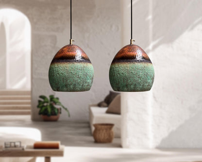 Set of 2 Copper Island Pendant Lights – Oxidized Dome Kitchen Ceiling Fixtures