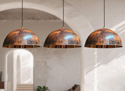 3 Copper Dome Pendant Lights – Oxidized Rustic Kitchen Ceiling Fixtures