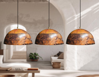 3 Copper Dome Pendant Lights – Oxidized Rustic Kitchen Ceiling Fixtures