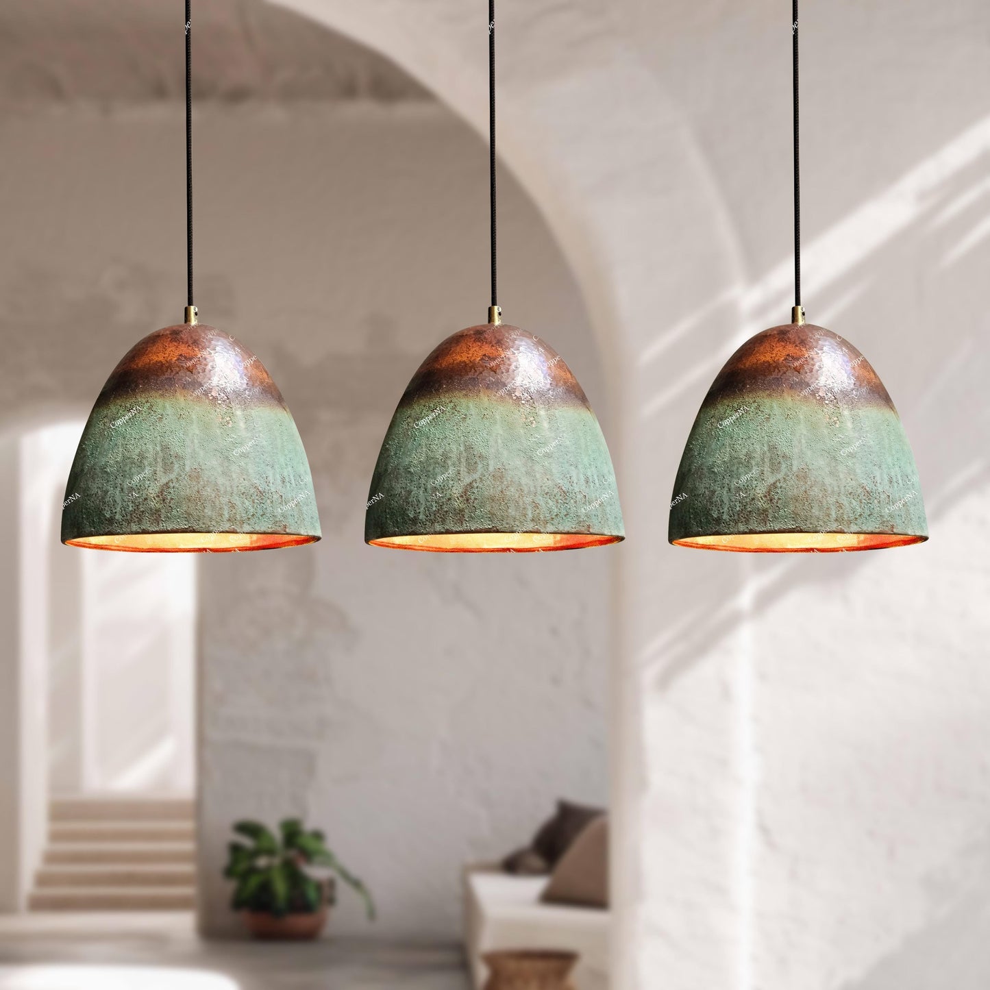 Set of 3 Oxidized Copper Pendant Lights – Green Patina Farmhouse Fixtures