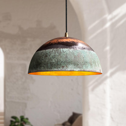 Set of 3 Green Patina Copper Pendant Lights – Oxidized Rustic Dome Kitchen Fixtures