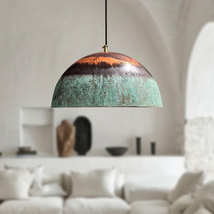 Set of 2 Green Patina Copper Pendant Lights – Oxidized Rustic Dome Fixtures