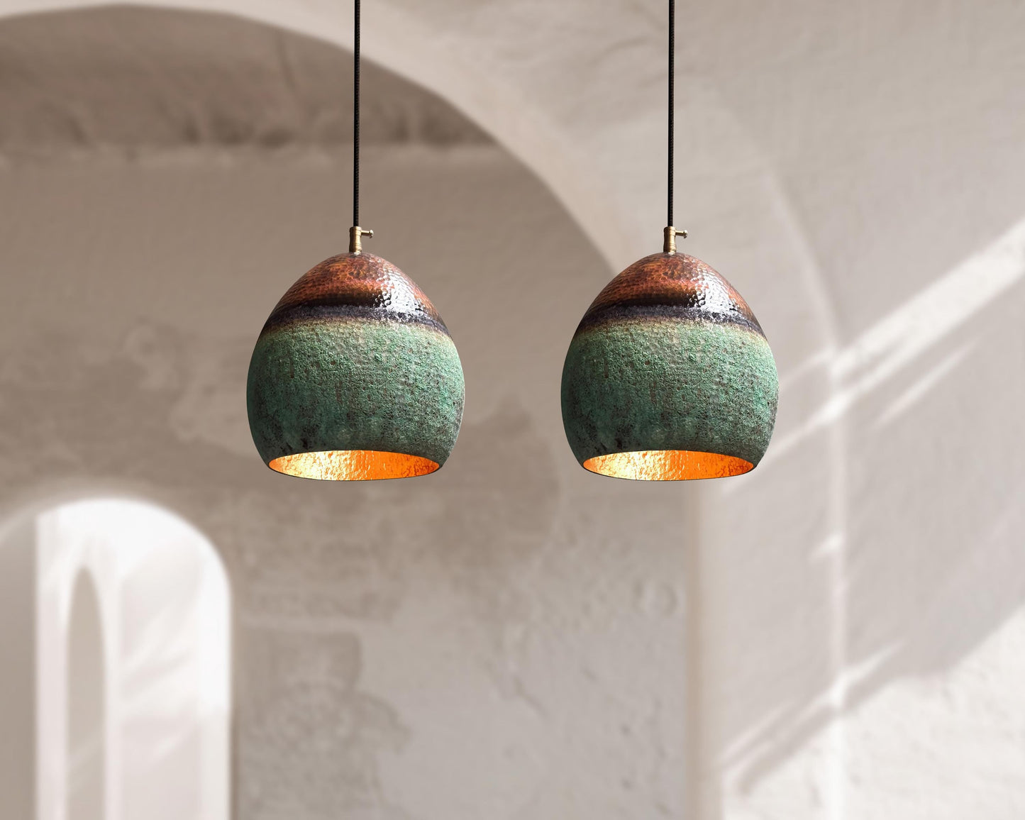 Set of 2 Copper Island Pendant Lights – Oxidized Dome Kitchen Ceiling Fixtures