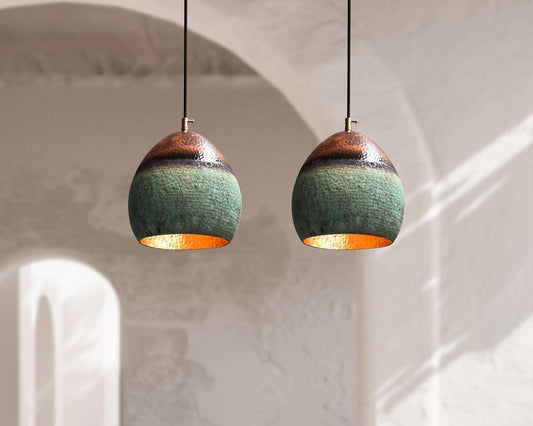 Set of 2 Copper Island Pendant Lights – Oxidized Dome Kitchen Ceiling Fixtures