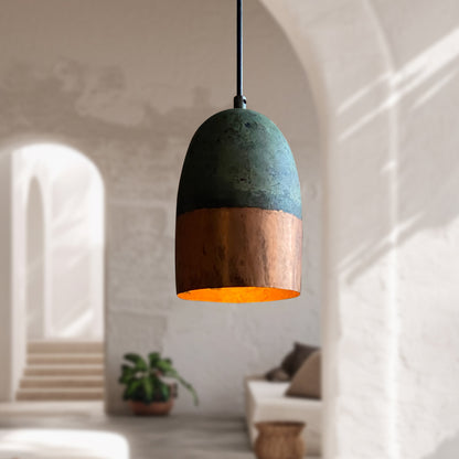 Set of 3 Oxidized Copper Pendant Lights – Green Patina Handmade Ceiling Fixtures